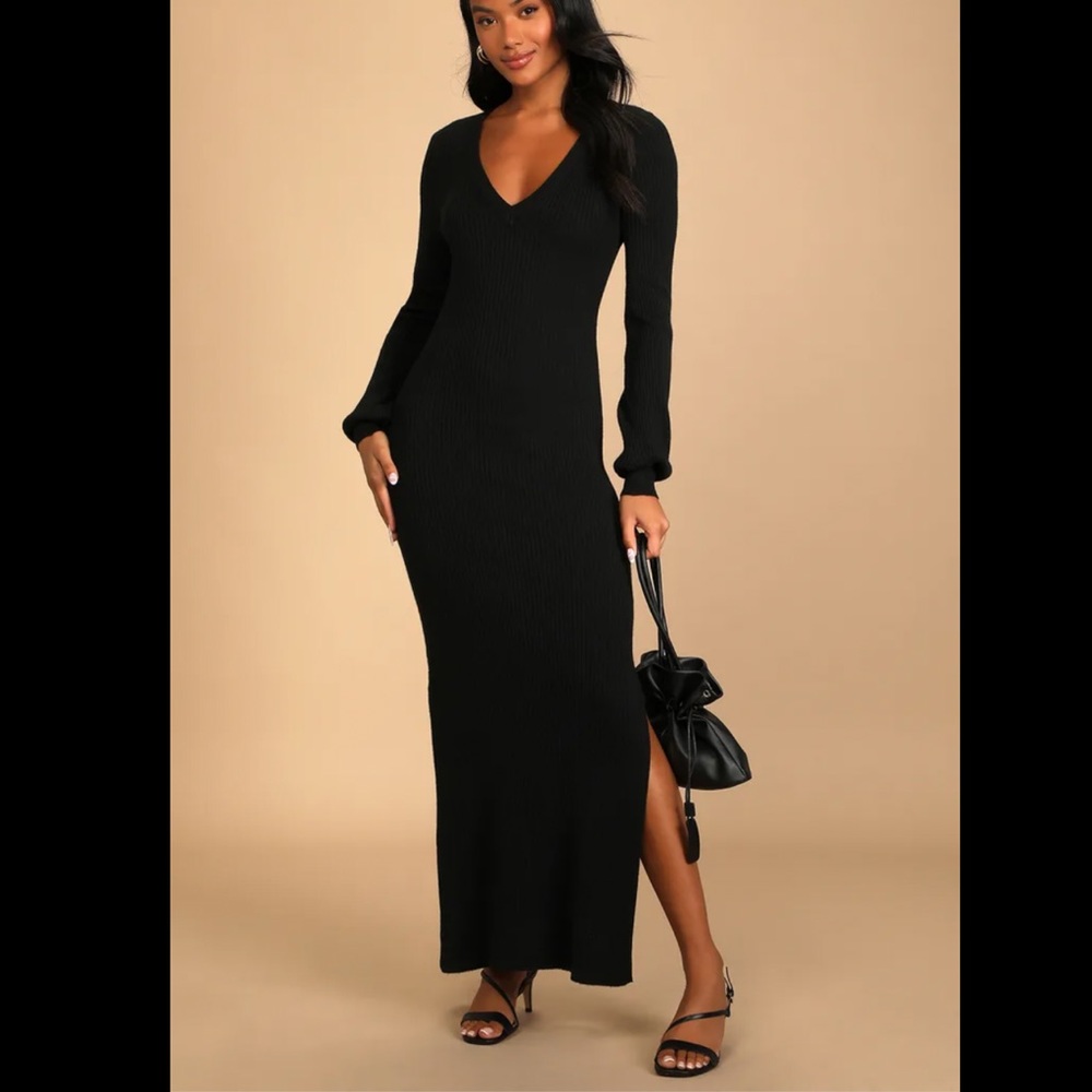 Lulu‘s ribbed maxi long sleeve sweater dress black